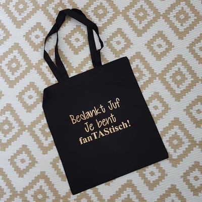 Cadeau juf set van 2 |  Tas Bedankt Juf Je bent fantastisch | zwart met goud |  bedankt bedanken juffen juffendag afscheid  Juffendag cadeau  Einde schooljaar   juf