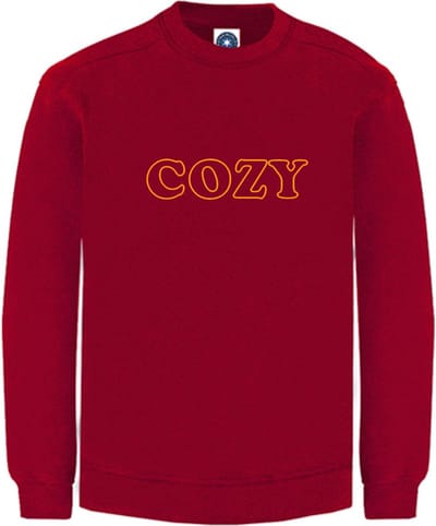 Huissweater - Huistrui - Sweater - Rood - NEON ORANJE tekst COZY - ruimzittend - Large Design by Eizook