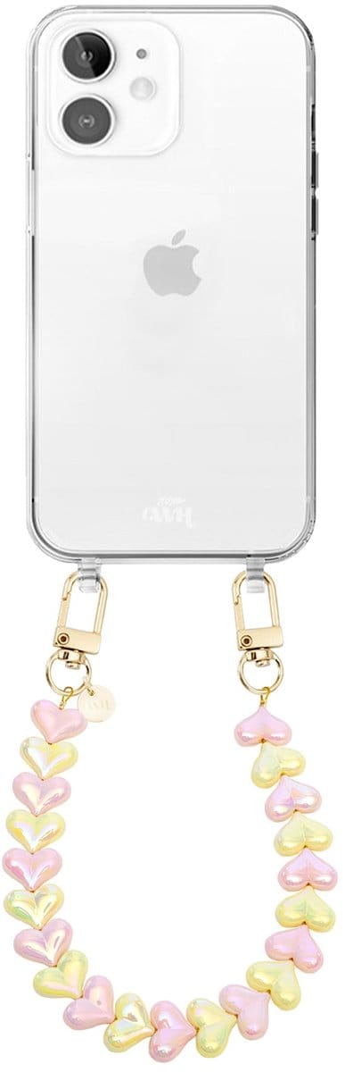 xoxo Wildhearts siliconen hoesje - Geschikt voor iPhone 12 hoesje - Funky Hearts (Pink & Yellow Metallic) - Telefoonhoesje - Hoesje met koord - Roze en Geel koord - kort telefoonkoord - Hartjes ketting - Transparant hoesje