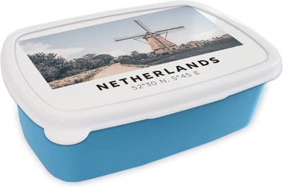 Broodtrommel Blauw - Lunchbox - Brooddoos - Nederland - Windmolen - Zomer - 18x12x6 cm - Kinderen - Jongen