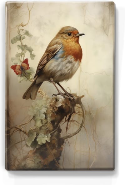 Roodborstje - Laqueprint - 19,5 x 30 cm - Niet van echt te onderscheiden handgelakt schilderijtje op hout - Mooier dan een print op canvas.
