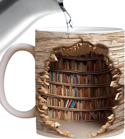 3D Boekenkast Reismok - Keramische Koffiemok voor Thee en Melk, Grappige Cadeaumok voor Boekenliefhebbers, Beige Kleur