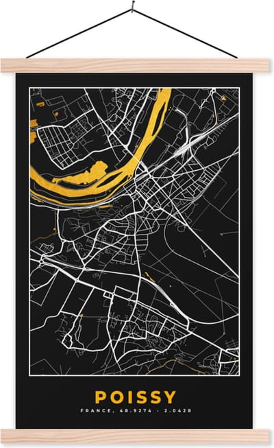 Posterhanger incl. Poster 40x60 cm - Schoolplaat - Kaart - Stadskaart - Plattegrond - Poissy - Frankrijk - Textielposter - Blanke latten - Stadskaart