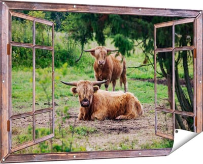 Gards Tuinposter Doorkijk Twee Schotse Hooglanders in de Bossen - 150x100 cm - Tuindoek - Tuindecoratie - Wanddecoratie buiten - Tuinschilderij