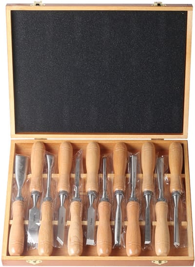Professionele 12-delige snijgereedschapset voor houtbewerking | Hoogwaardig koolstofstaal | Ergonomische grepen en lederen etui voor precisiewerk en beginners