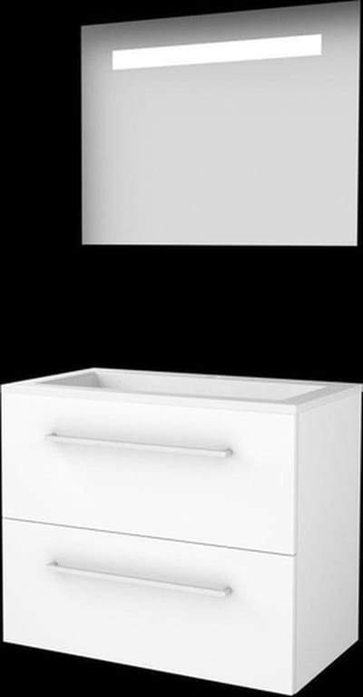 Basic-Line Economic 46 badkamermeubelset - 80x46cm - met grepen - 2 lades - acryl wastafel - 1 kraangat - Spiegel - geintegreerde LED verlichting - MDF lak Ice White