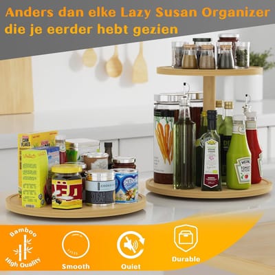 Famanu - Lazy Susan Bamboe draaiplateau, organizer, draaiplateau, keukenorganizer, 25 cm, anti-slip kruidenrek, draaibaar voor keuken, eetkamer, kast, tafel, werkblad, bamboe