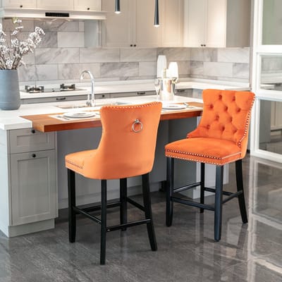 BLACKCOLORS Eigentijdse barstoelen bekleed met fluweel met gecapitonneerde knopen, houten poten en chromen spijkers, barstoelen in casual stijl, barstoelen, set van 2 (oranje), DE2002OG