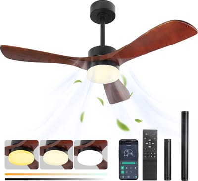 Rosnek Plafondventilator met Verlichting - Ø 106cm - Massief Houten Bladen - Stille DC Motor - App & Afstandsbediening - Dimbare LED - Zomer en Winterstand - Slaapkamer/Woonkamer