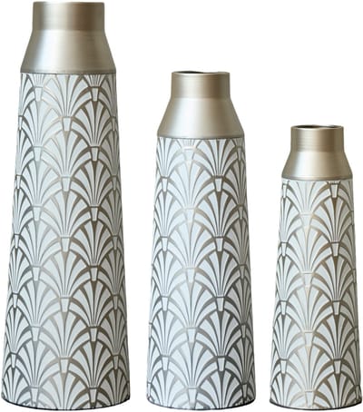 Metalen Vloervazen Set Van 3 - Moderne Staande Vazen - Decoratieve Vazen - Waaiermotief - Woonkamer En Hal - 43,5/51/61 cm - Set Van 3 - Wit Zilver