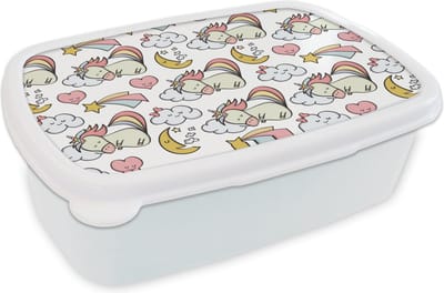Broodtrommel Wit - Lunchbox - Brooddoos - Slapen - Unicorn - Patronen - 18x12x6 cm - Volwassenen