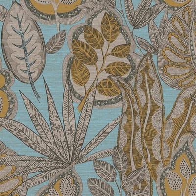 Natuur behang Profhome 393464-GU vliesbehang hardvinyl warmdruk in reliëf licht gestructureerd met palmen mat blauw pastelturquoise grijs okerbruin 5,33 m2