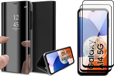 Hoesje geschikt voor Samsung Galaxy A14 - 2x Screen Protector FullGuard - Book Case Spiegel Zwart & Screenprotector