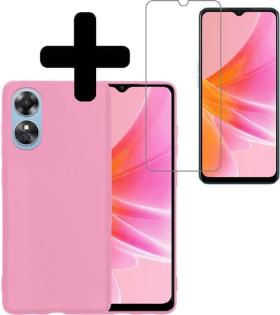 Hoesje - Met Screenprotector - Geschikt voor OPPO A17 - Sterk & Shockproof - Back Cover - Siliconen Case - Telefoon Hoes - Telefoonhoesjes - Lichtroze