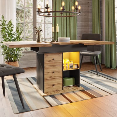 PHOEBE CAT Uitschuifbare Eettafel - 110-140 cm - Met opbergkast - 3 lades - LED-verlichting - Zwart + Natuurlijke