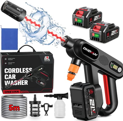 ONEVAN Accu Hogedrukreiniger - 60 bar - Mobiele hogedruk-waterpistool - 5-in-1-sproeier - met 2 accu's - Voor Auto, Fiets, Terras en Tuin