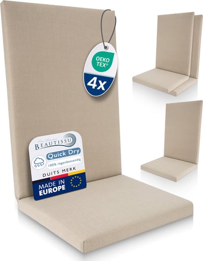 Beautissu QD-HL – Set van 4 Premium Tuinstoelkussens Hoge Rug 122x48 cm – 100% Waterdicht – Weerbestendig – Sneldrogend – UV-bestendig – Natuur