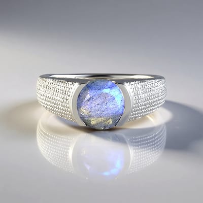Cavill - Zilveren ring - 925 Sterling Zilver Platina Geplateerd - Labradoriet 1,635 ct Rond uit Madagaskar - Modern Elegant Sieraad 8 mm