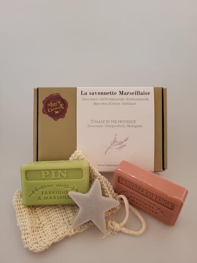 kerstcadeau set: Den, Kaneel-sinaasappel, kerstster& sisal zeepzakje - vegan - handgemaakt