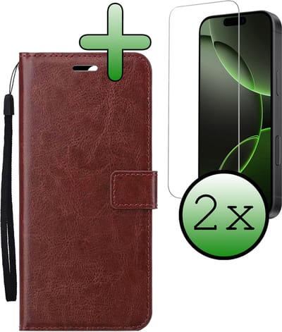 Hoesje Met 2x Screenprotector - Geschikt voor Apple iPhone 16 Pro - Luxe Pasjeshouder - Bookcase Portemonee - Flip Case - Kunstleer Book Case - Flipcase Hoes - Book Cover - Walletcase - Portemonneehoes - Bruin