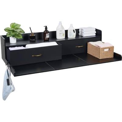 Plan de travail pour lave-linge séchant avec étagère, 137 x 69,9 cm Plateau en bois pour lave-linge séchant avec 2 tiroirs et crochets, Plateau pour machine à laver pour placard à linge