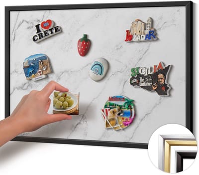 Wallfluent - Wit Magneetbord met Ontwerpen - 60 cm x 40 cm - Magneetbord met Zwarte Frame - Delicate lichte marmer - Magneetbord voor Reissouvenirs - Design Magneetbord met Frame - Magnetisch Bord Foto Bevestiging