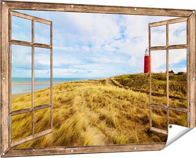 Gards Tuinposter Doorkijk Vuurtoren met Duinen in Texel - 150x100 cm - Tuindoek - Tuindecoratie - Wanddecoratie buiten - Tuinschilderij