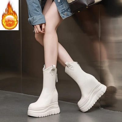 12CM Microfiber Leer Dames Gevulkaniseerd Verhogend Casual Enkellaarzen Platform Sleehak Hoge Hakken Witte Schoenen Rits Schoenen 39 gray