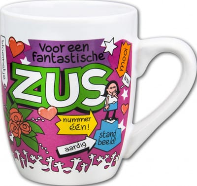 Mok - Snoep - Voor een fantastische Zus - Cartoon - In cadeauverpakking met gekleurd krullint