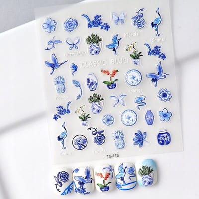 Frezarkowo - Samoprzelfklevende 3D Nagelstickers - Blauwe Porselein - 9,5 x 8 cm - 1 Stuk