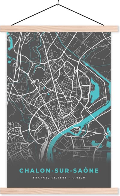 Posterhanger incl. Poster 40x60 cm - Schoolplaat - Chalon-sur-Saône - Frankrijk - Stadskaart - Kaart - Plattegrond - Textielposter - Blanke latten - Stadskaart