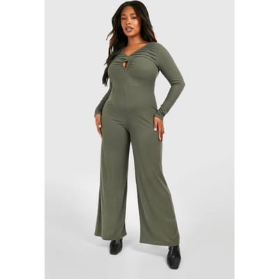 boohoo Dames Plus Rib Key Hole Detail Wide Leg Jumpsuit | Olijf | Maat: 46