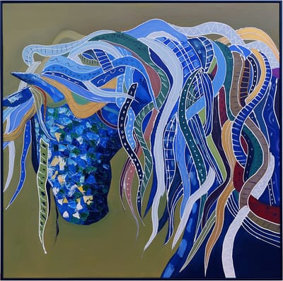 Fine Asianliving Olieverf Schilderij 100% Handgeschilderd 3D met Reliëf Effect en Zwarte Omlijsting 100x100cm Paard Groen Blauw