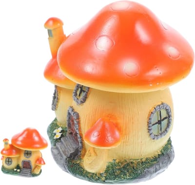 Sprookjesdecoratie huisje - Miniatuur tuinornament - Tuin aankleden - Creatief paddestoelontwerp - 10x10x8 cm - Oranje