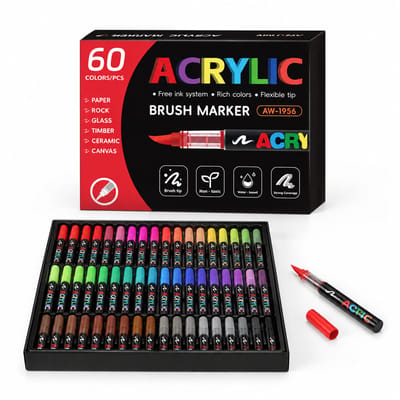 Acrylstiften - set van 60 kleuren - met vloeibare inkt en zachte punt - voor tekenen en creatieve projecten - geschenkdoos