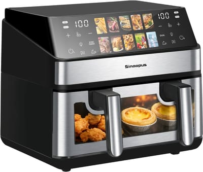 Sinaopus XXL Airfryer 8L 903A – Met Dubbele Mand – 10 Kookprogramma’s – Onafhankelijke Snelle Opwarming – Geschikt voor Gezinnen – Kijkvenster – Eenvoudig te Reinigen – Capaciteit voor 4 tot 5 Personen