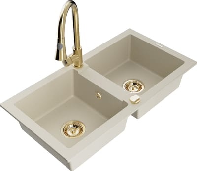 Mexen Mario granieten gootsteen, 2 compartimenten met keukenmengkraan Elia, beige - 6504-69-670101-50