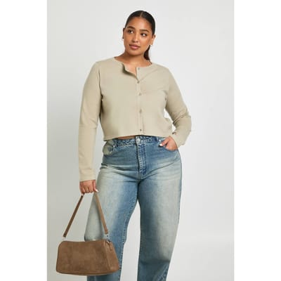 boohoo Dames Plus lange mouw gebreide ribtop | Taupe | Maat: 46