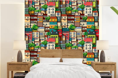 Behang - Fotobehang Patronen - Huis - Boom - Jongens - Kinderen - Kids - Breedte 220 cm x hoogte 240 cm