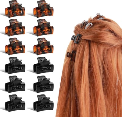 Famanu - 12 Stuks Kleine, duurzame mini-haarklemmen, antislip bakklemmen, veelkleurige jaren '90-haaraccessoires voor vrouwen, dun, dik krullend haar voor meisjes (glanzend zwart + bruin)