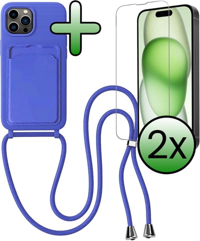 Hoes Geschikt voor iPhone 14 Pro Hoesje Pas Houder Case Hoes Met Koord Met 2x Screenprotector - Hoesje Geschikt voor iPhone 14 Pro Hoes Met Telefoonkoord Pasjeshouder Cover - Felblauw