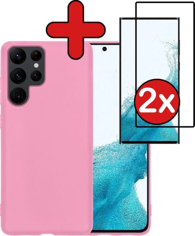 Hoesje - Met 2x Screenprotector - Geschikt voor Samsung Galaxy S22 Ultra - Sterk & Shockproof - Telefoon Hoes - Back Cover - Siliconen Case - Telefoonhoes - Lichtroze