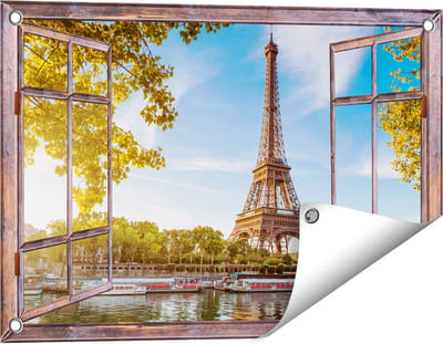 Gards Tuinposter Doorkijk Eiffeltoren in Parijs aan het Water - 60x40 cm - Tuindoek - Tuindecoratie - Wanddecoratie buiten - Tuinschilderij