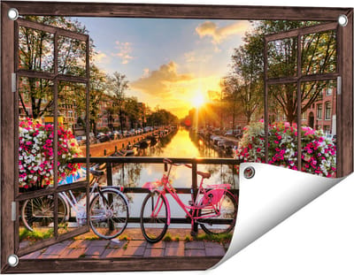 Gards Tuinposter Doorkijk Amsterdamse Brug met Zonsopgang - 60x40 cm - Tuindoek - Tuindecoratie - Wanddecoratie buiten - Tuinschilderij