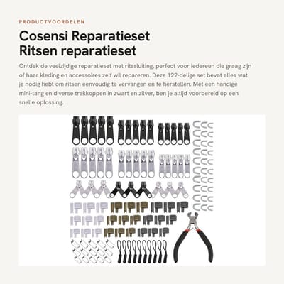 Dailygoods- Reparatieset 122-delig - Ritssluiting - Ritstrekker - Vervanging - Mini-tang - Duurzaam metaal