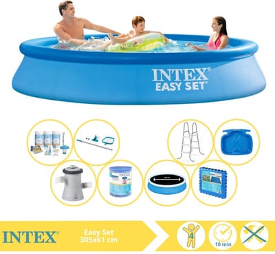 Intex Rond Opblaasbaar Easy Set Zwembad - 305 x 61 cm - Blauw - Inclusief Solarzeil - Onderhoudspakket - Zwembadfilterpomp - Filter - Schoonmaakset - Ladder - Voetenbad - Vloertegels - 9-delig