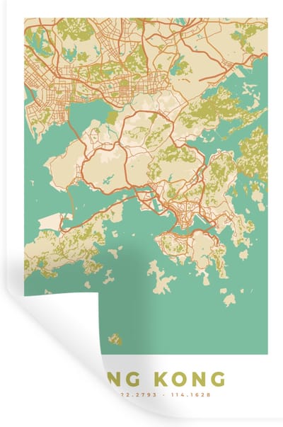 Muurstickers - Sticker Folie - Kaart - Hong Kong - Stadskaart - Vintage - Plattegrond - 20x30 cm - Plakfolie - Muurstickers Kinderkamer - Zelfklevend Behang - Zelfklevend behangpapier - Stickerfolie