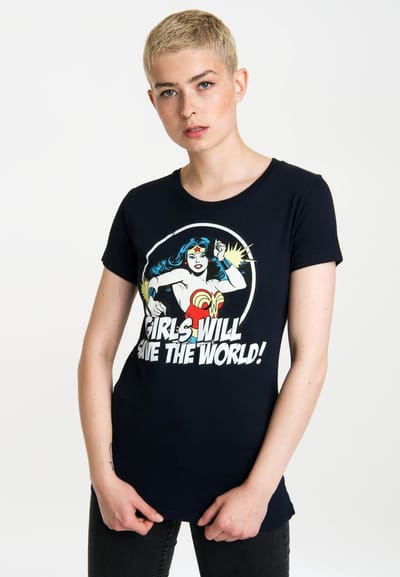 Logoshirt Vrouwen T-shirt Wonder Woman - DC Comics Girls Will Save The World - Shirt met ronde hals van Logoshirt - donkerblauw