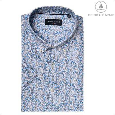 Chris Cayne heren overhemd - korte mouw - M - borstzak - lila/blauw - geprint dessin - 100 % Katoen - borstzak