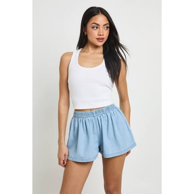 boohoo Dames Chambray Mid-rise Flippy Short Met Speelse Zoom | Licht Gebleekt | Maat: 34